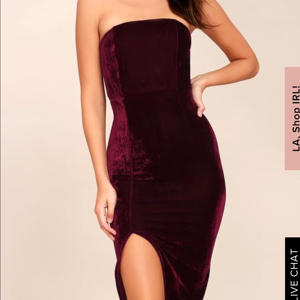 Burgundy Velvet Strapless Bodycon Midi Dress